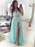 A Line Sweetheart Chiffon Green Prom Dress with Slit LBQ4097